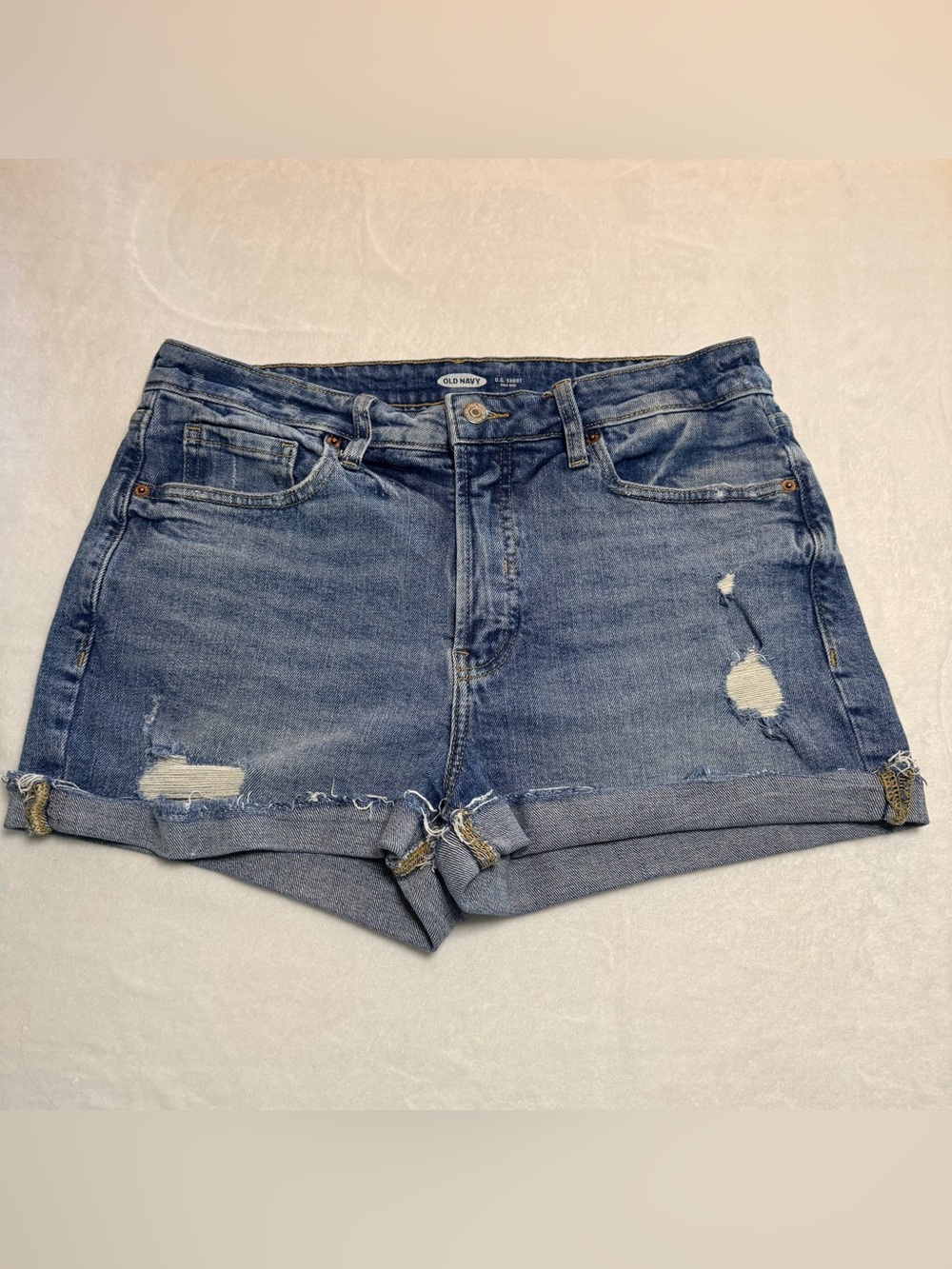 Old Navy Medium Blue Distressed Rolled-Hem Jean Shorts